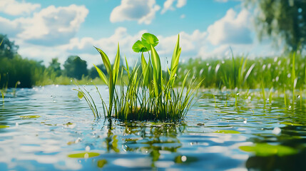 Obraz premium Green Plants Emerging From River Water
