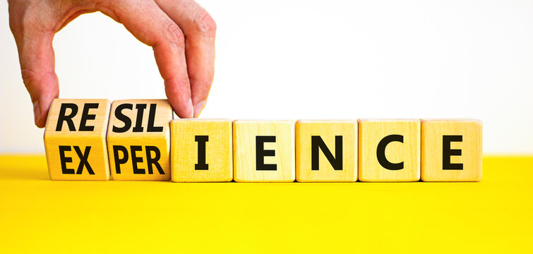Resilience or experience symbol. Concept words Resilience Experience on beautiful wooden blocks. Beautiful white background. Businessman hand. Business resilience or experience concept. Copy space
