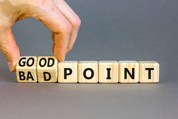 Good or bad point symbol. Concept words Good point Bad point on beautiful wooden blocks. Beautiful grey table grey background. Businessman hand. Business good bad point concept. Copy space