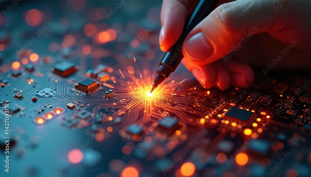 Aufkleber hand traces circuit board, igniting innovation. electronic components glow, representing progress. t