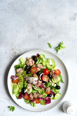 Fresh vegetable salad with tuna on a plate . Top view with copy space.