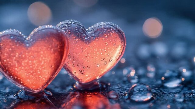 Two Hearts, One Love:  A pair of translucent, heart-shaped objects gleam with a soft, inner glow, glistening with tiny droplets. It's a gentle tableau of romance and affection.