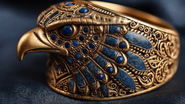 Majestic bronze eagle ring with lapis lazuli and smoky quartz details