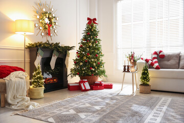 Cozy spacious room decorated for Christmas. Festive interior design