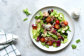 Fresh vegetable salad with tuna on a plate . Top view with copy space.