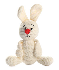Cute knitted toy bunny isolated on white