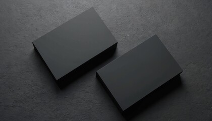 Two matte black business cards on textured surface. Minimalist design, blank space for text. Corporate identity presentation, branding, pro contact. Elegant dark template for business marketing.