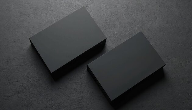 Two matte black business cards on textured surface. Minimalist design, blank space for text. Corporate identity presentation, branding, pro contact. Elegant dark template for business marketing.