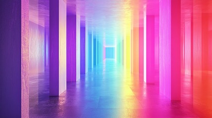Vibrant Rainbow Colored Columns Abstract Tunnel Digital Art Modern Background Design Futuristic Architecture Interior Space Neon Light Illumination 3D Render Colorful Gradient Walls Perspective View  