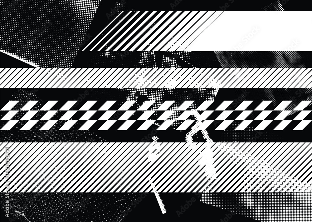 Poster Glitch distorted grunge layer . Noise destroyed texture. Checkered race grunge flag . Overlay grunge texture .Distressed effect .Vector shapes with a speed lines and tire tracks screen print texture.