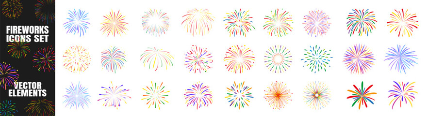 Colorful Firework Explosions Set. Carnival Party Vector Background on Transparent Background