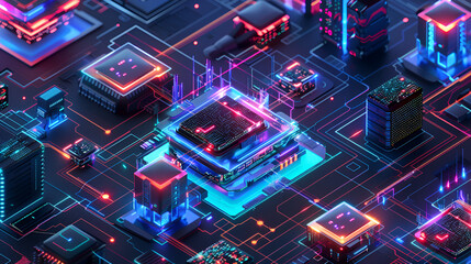 Fototapeta premium Detailed close up of a futuristic motherboard with glowing neon lights and complex circuit design .