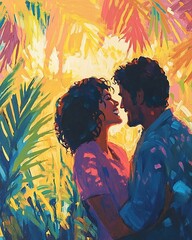Romantic couple embracing in vibrant tropical foliage