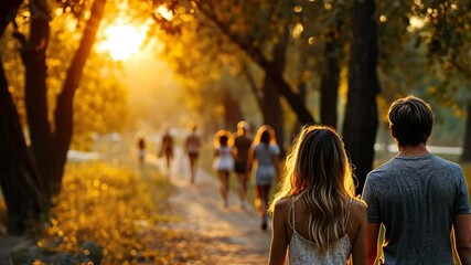 Couple walking down pathway towards golden sunlight with group of people during warm summer evening among grassy foliage and trees - Powered by Adobe