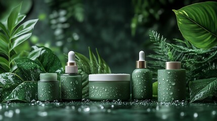 Green beauty products with water droplets, surrounded by lush tropical foliage.