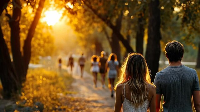 Couple walking down pathway towards golden sunlight with group of people during warm summer evening among grassy foliage and trees