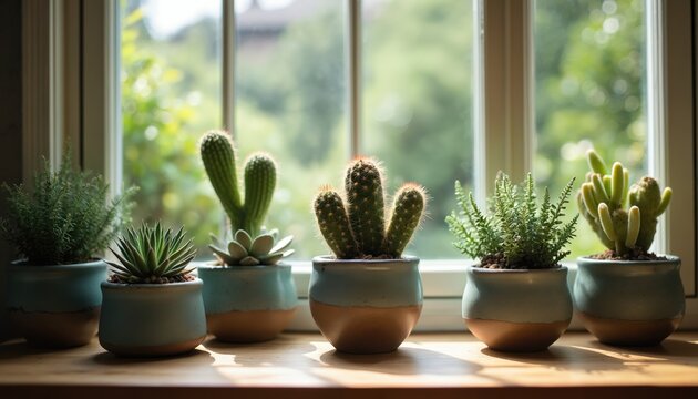 Cactuses and succulents in ceramic pots sit on a window sill. Green plants, cacti, succulents. Home interior decor, lifestyle, home gardening. Modern trendy eco design, cozy home, sunny day, summer.