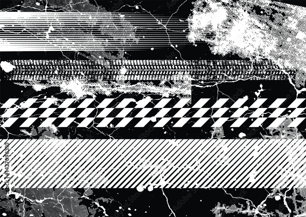 Aufkleber Glitch distorted grunge layer . Noise destroyed texture. Checkered race grunge flag . Overlay grunge texture .Distressed effect .Vector shapes with a speed lines and tire tracks screen print texture.