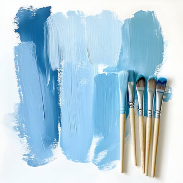 Paintbrushes are painting blue stripes splashes and smears of paint on a white background, creating a vibrant contrast and showcasing a creative painting process
