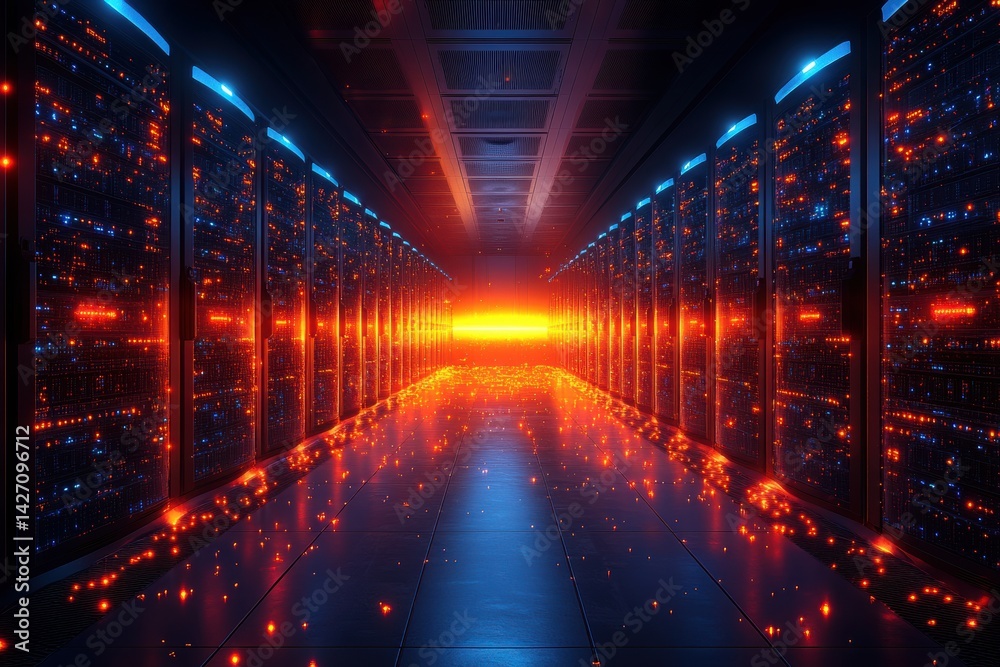 Poster Data Center Server Room with Fiber Optic Cables and Computer Servers