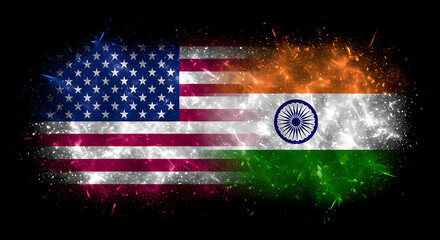 A digital artwork on a dark black background depicts two rectangular flags in bright, saturated colors of blue, purple, and red. The flags depict the United States of America and India.