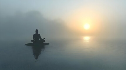 Silhouette Of Person Meditating On Water At Sunrise