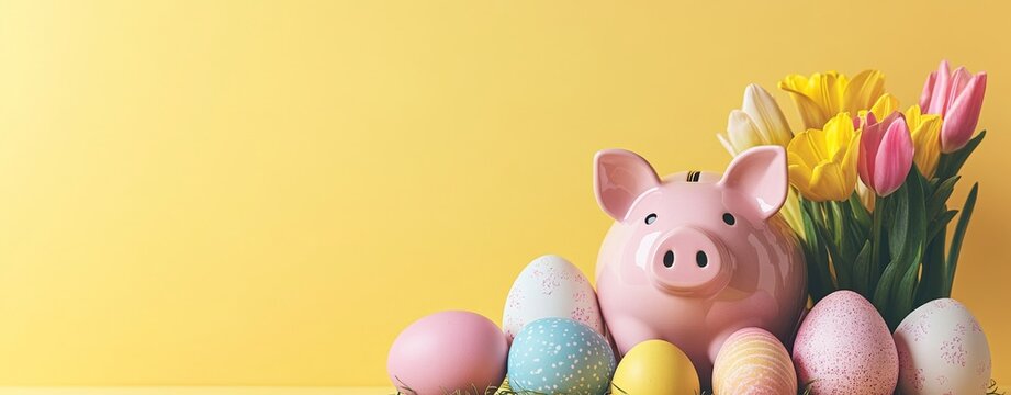 Vibrant yellow background featuring Easter Piggy Bank surrounded by colorful eggs and tulips for spring holiday promotions and financial planning blogs - Powered by Adobe