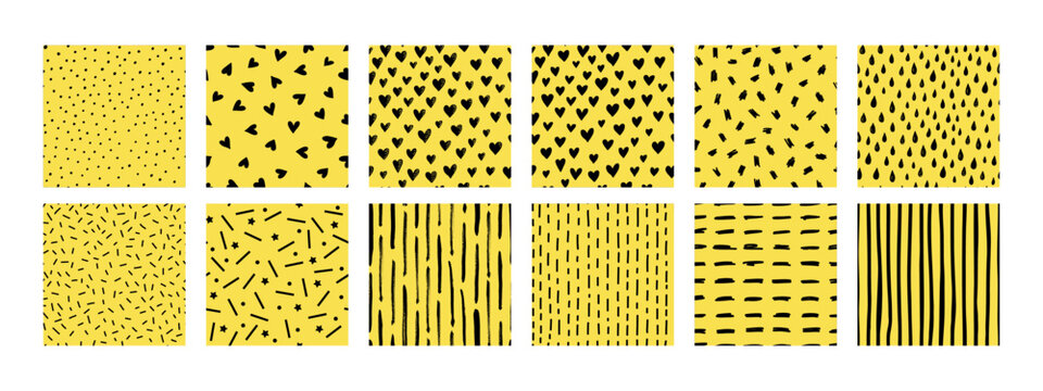 Fototapeta Set of seamless hand-drawn dash and doodle patterns on a yellow background. Cute minimalist textures with hearts, lines, drops, and stars. Perfect for kids design, fabric, and wrapping paper