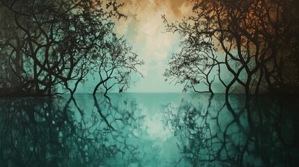 Trees Reflecting In Calm Water With Colored Sky Above Them