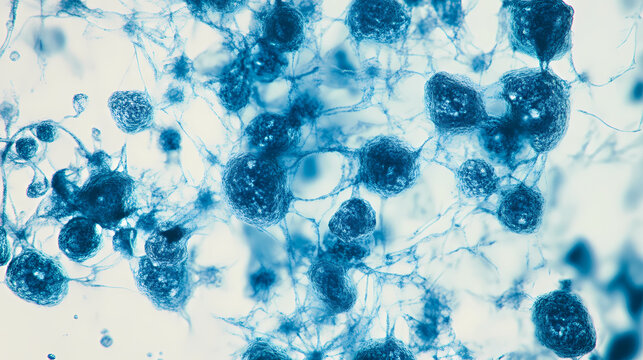 Close-up of blue bacteria colonies under microscope: microscopic pathogen growth on a white tissue background. Viral Bloom. Illustration