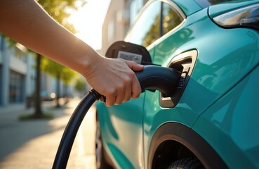 Close-up of person plugging electric vehicle charger. Summer sunny day. Eco friendly transportation. Charging electric car, plug-in hybrid at charging station. Modern tech, green eco lifestyle,