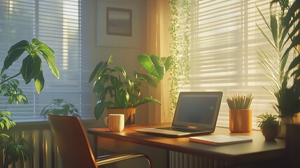 Work from home office setup with laptop desk plants and natural light for productivity and focus area