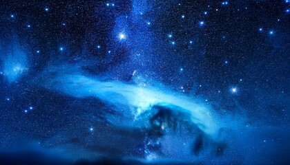 a luminous blue nebula with numerous distant bright stars