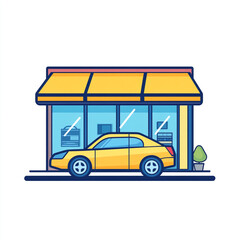 Obraz premium A cartoon-style illustration of a vibrant color car being cleaned at a colorful car wash station, with soap bubbles and trees in the background.