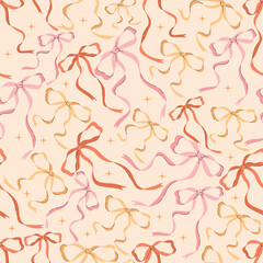 Seamless pattern with pink, red, and yellow bows and sparkles. Cute and festive background perfect for wrapping paper, textiles, gifts, or Valentine’s Day designs.