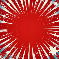 Red comic-style background with starburst pattern