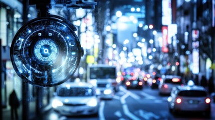 Obraz premium Futuristic surveillance eye in a bustling urban street scene.