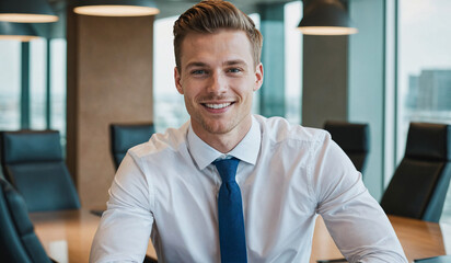 Professional Young German Businessman Sitting in a Modern Office Meeting Room