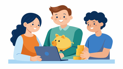 A young couple browsing through different investment options with their financial advisor discussing the best way to save for their childs future. Vector illustration