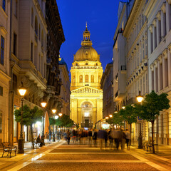 Zrinyi Utca street and St. Stephen`s Basilica in Budapest at night
