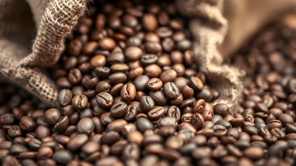 Fototapeta premium Roasted Coffee Beans Overflowing from Burlap Sack - Rich Aroma and Warm Tones for Food and Beverage