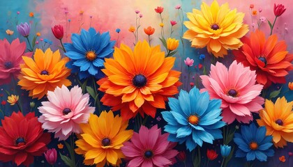 Colorful floral painting. Vibrant blossoms display summer blooms. Illustration features vivid, high-coloured flowers. Beautiful artwork with paint texture. Spring floral background.