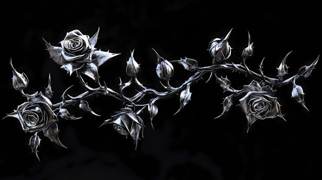 Silver metal rose vines with sharp thorns. gothic prickly vine elements isolated. Flashpetal Vine. Illustration