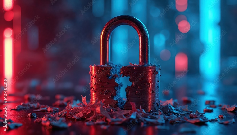 Wall mural cracked padlock with shredded paper conceptualizing data security breach. padlock, illuminated in re