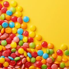 Pile of colorful candies on a yellow background