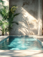 Fototapeta premium Tropical summer background with concrete wall, pool water and palm leaf shadow. Luxury hotel resort exterior for product placement. Outdoor vacation holiday house scene, neutral architecture aesthetic