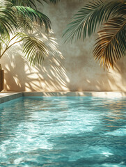 Tropical summer background with concrete wall, pool water and palm leaf shadow. Luxury hotel resort exterior for product placement. Outdoor vacation holiday house scene, neutral architecture aesthetic