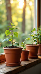 Obraz premium Image of a window sill with several terracotta pots containing young plants growing from seeds.