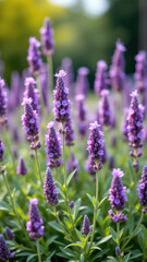 Obraz premium Fields of vibrant lavender flowers thriving in a lush garden setting, embodying natural agriculture and permaculture principles.