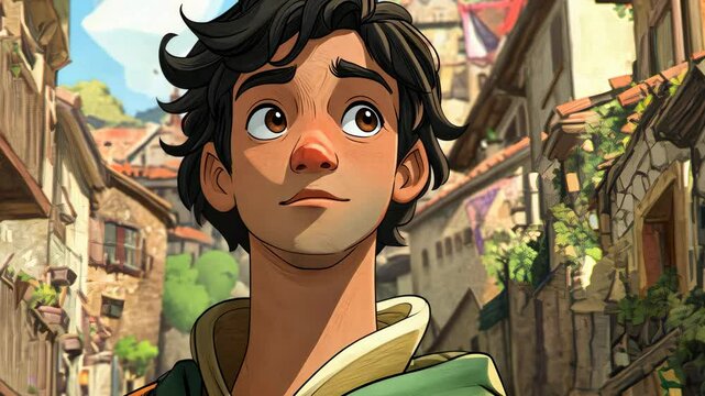 A stylized animated character of a young man with dark hair and a green cloak walks through a sunlit medieval fantasy town with stone buildings and balconies.